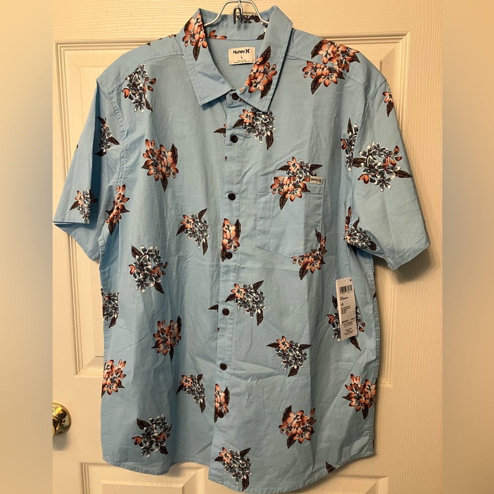 NWT Men’s Hurley Oak Lido Stretch Short Sleeve Shirt Blue Dream Large $60